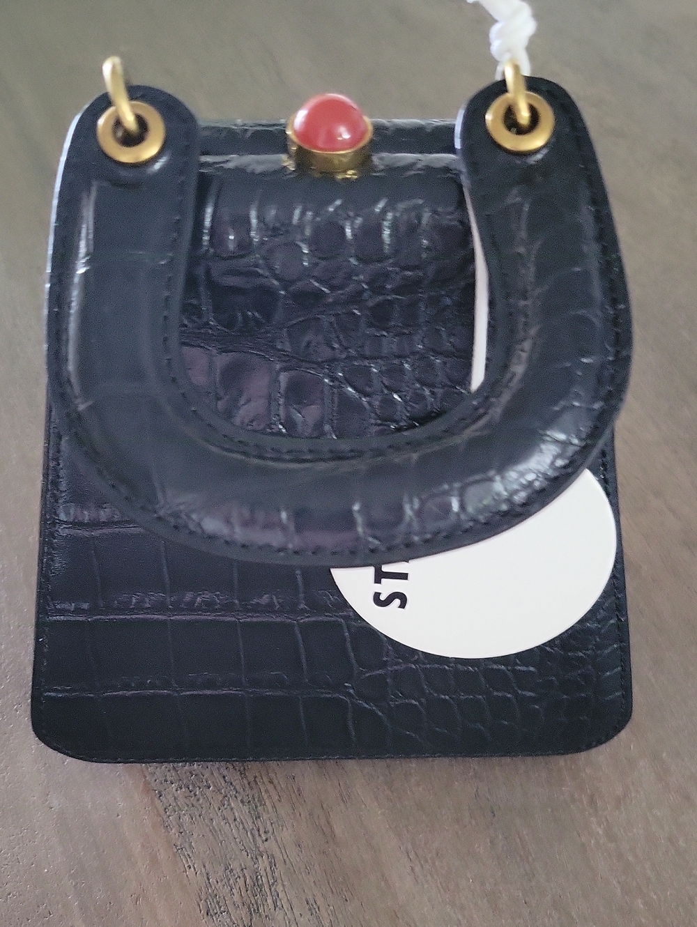 STAUD Black Croc-Embossed Mini Top Handle Bag with Red Cabochon - Picture 2 of 4